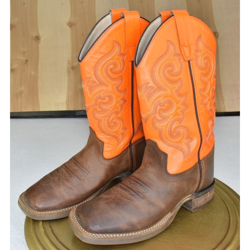 Old West Unisex Youth Boots Size 3.5 D Western Brown/Orange Embroidered